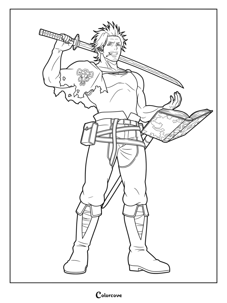 Dibujo detallado para colorear de Yami Sukehiro sosteniendo una katana sobre el hombro con un libro de hechizos flotante de Black Clover.