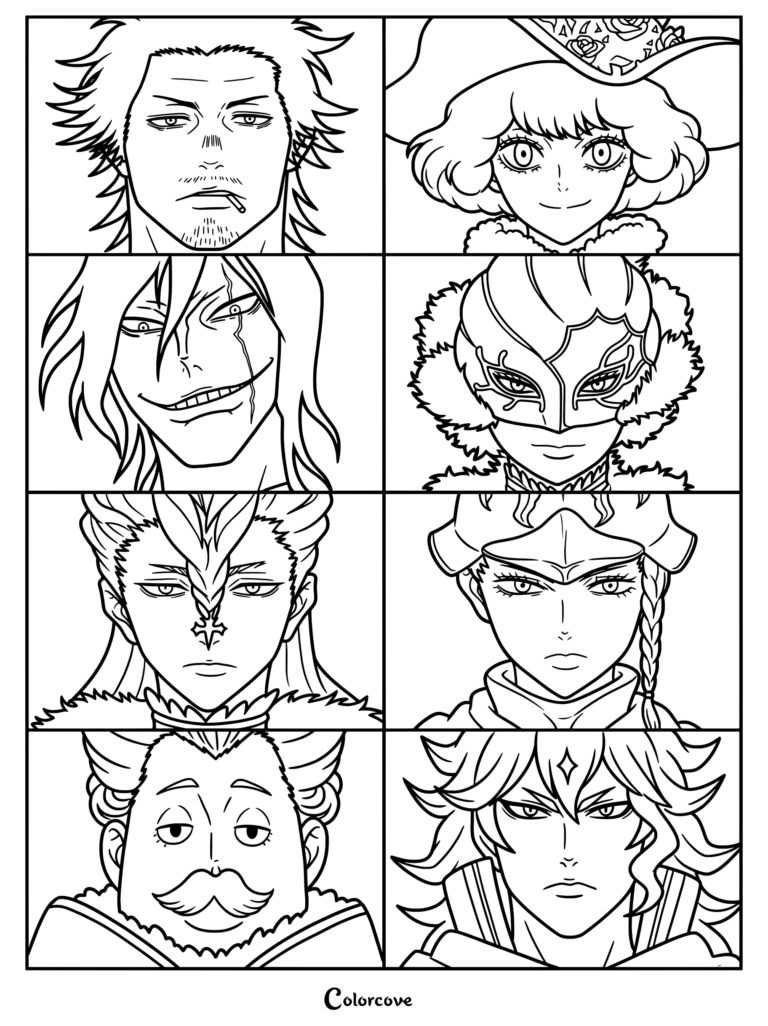 Dibujo para colorear de Black Clover que muestra un collage de varios capitanes de los Caballeros Mágicos y antiguos miembros de la serie.