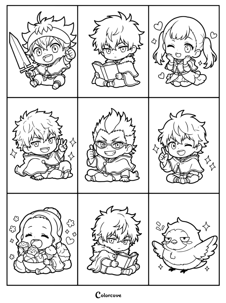 Un set de pegatinas estilo chibi con personajes de la serie de anime Black Clover en un dibujo para colorear.