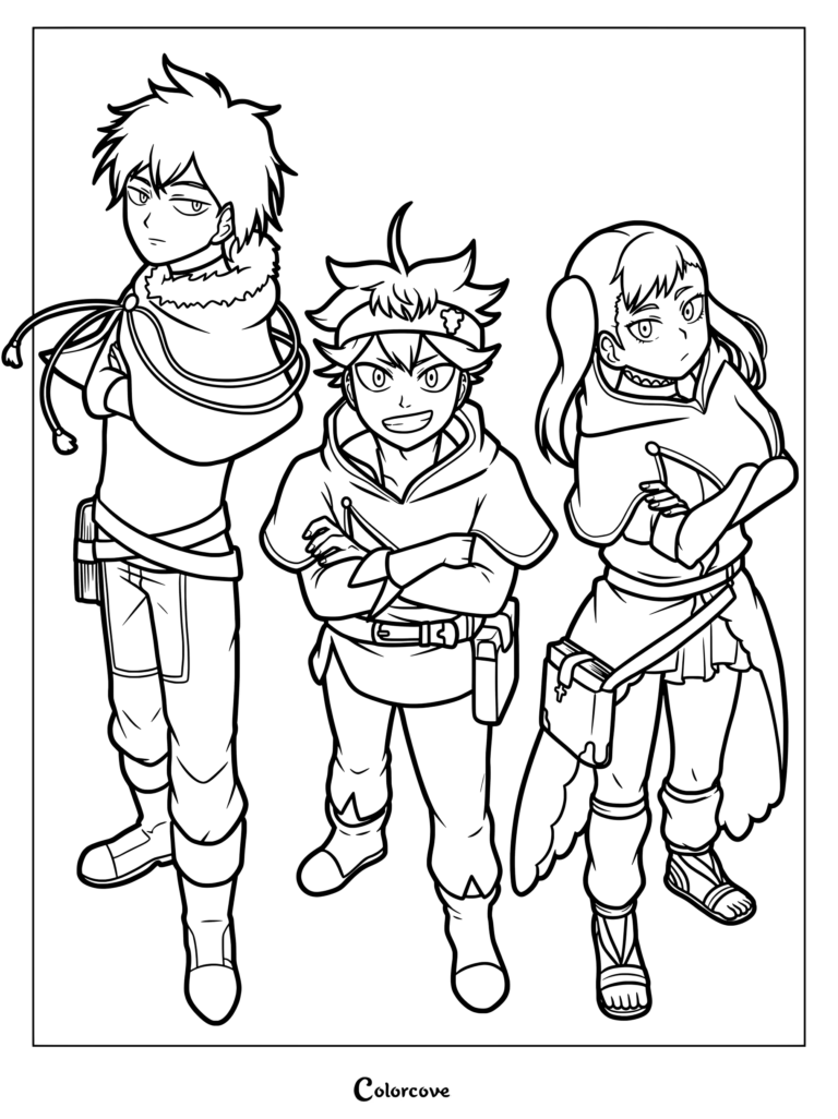 Dibujo para colorear de Black Clover con una ilustración fan art estilo anime de tres personajes principales.