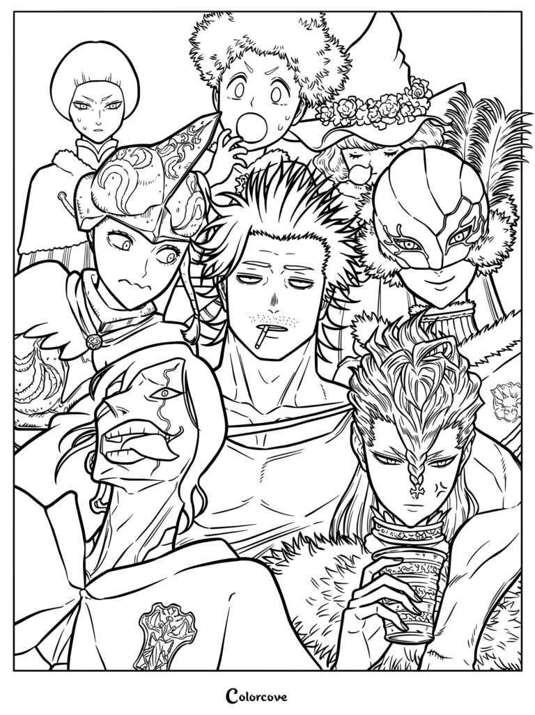 Dibujo para colorear de Black Clover con Yami Sukehiro, Nozel Silva, Jack el Destripador y otros capitanes de los Caballeros Mágicos.