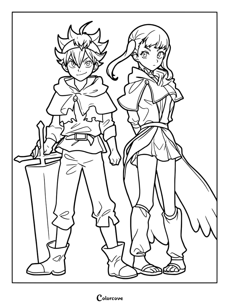 Un dibujo para colorear de Black Clover con Asta sosteniendo una gran espada junto a Noelle Silva.