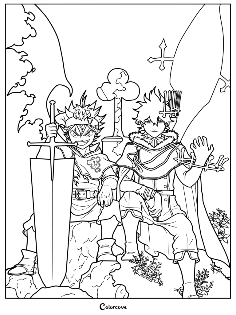 Dibujo para colorear de Black Clover que muestra a Asta y Yuno en sus formas potenciadas tras el salto temporal, con Asta portando su espada de antimagia y Yuno utilizando su forma de asimilación espiritual.