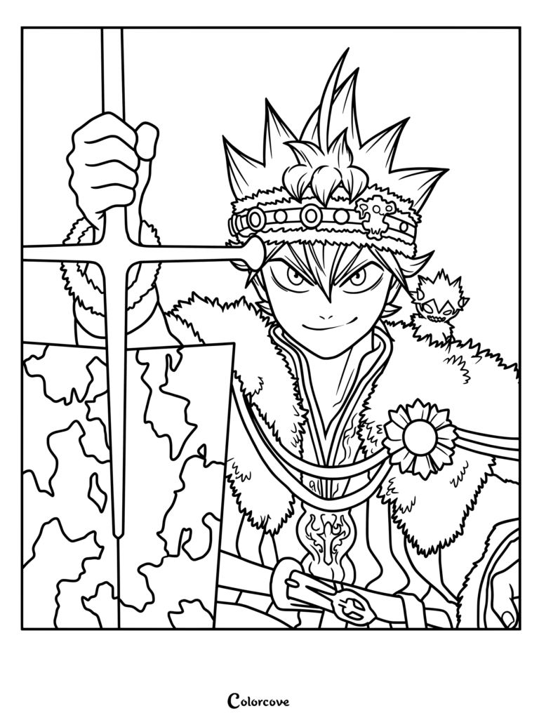 Dibujo para colorear para imprimir de Asta de Black Clover con atuendo real y sentado en el trono del Rey Mago mientras sostiene su espada de antimagia.