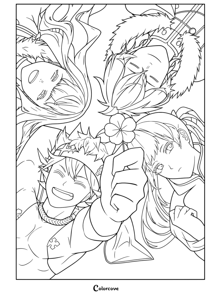 Asta, Yuno, Noelle y Mimosa descansando juntos en un campo de tréboles en un dibujo para colorear de Black Clover.