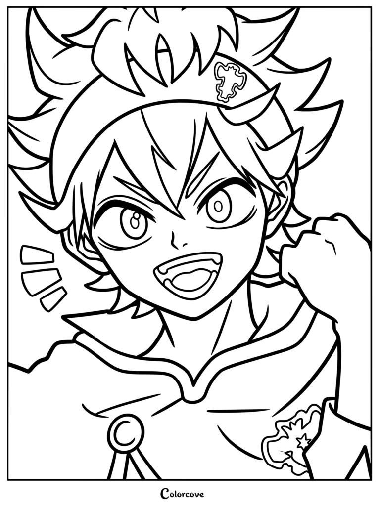 Dibujo para colorear de Asta de la serie de anime y manga Black Clover, representado con cabello blanco grisáceo claro, cinta negra con la insignia de los Toros Negros, ojos verdes y expresión alegre y sonrojada con la ropa de su orden