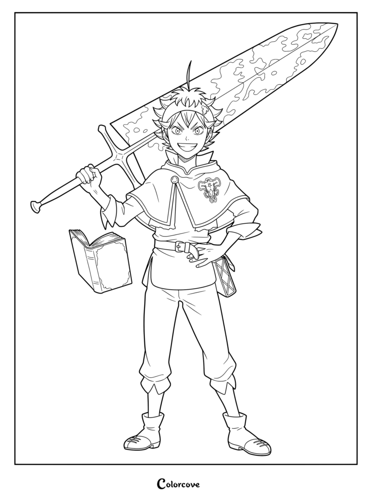 Dibujo para colorear de Asta de Black Clover sosteniendo su característica Espada Matademonios y su flotante grimorio de cinco hojas.