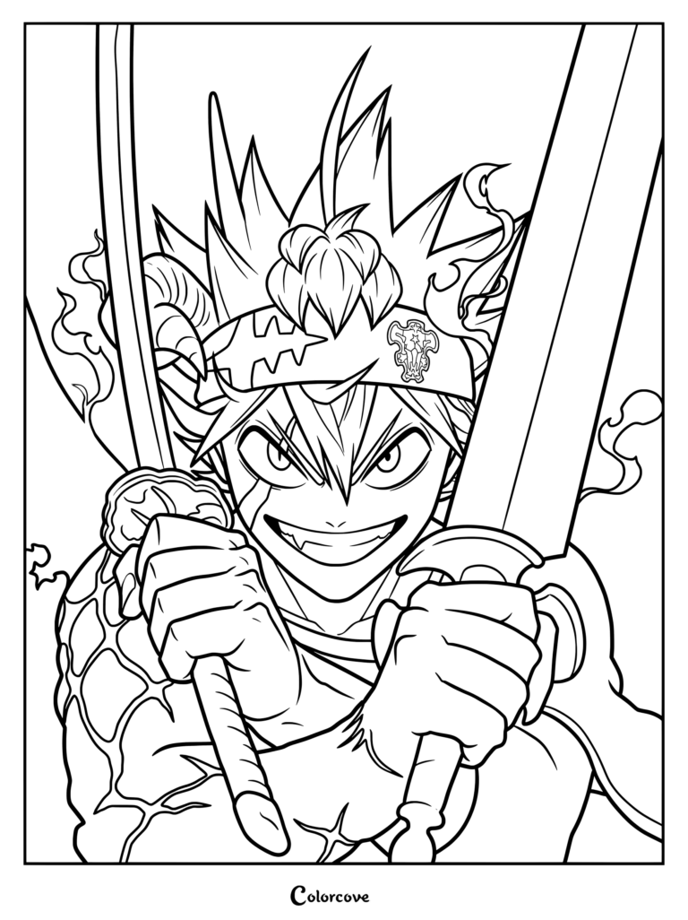 Un dibujo para colorear para imprimir de Asta de Black Clover, empuñando sus espadas de antimagia con las marcas de su forma de asimilación demoníaca y ojos heterocromáticos.