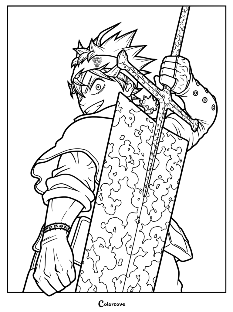 Dibujo para colorear para imprimir de Asta, el protagonista principal de la serie de anime y manga de fantasía oscura Black Clover, llevando su característica Espada Matademonios en la espalda.