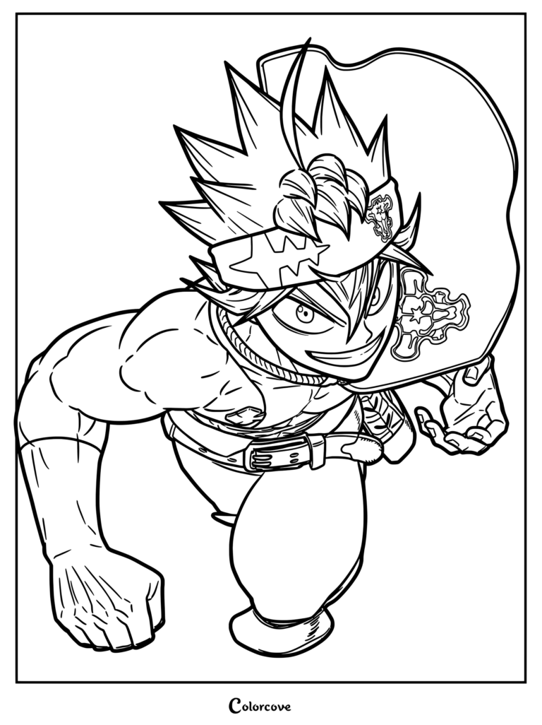 Dibujo para colorear de Asta de Black Clover en una pose de carga dinámica con su característica cinta para el pelo y su sonrisa decidida.