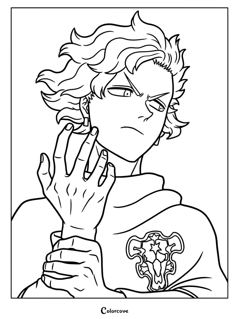 Dibujo para colorear de Finral Roulacase de Black Clover, mostrándolo atento mientras se lleva la mano a la oreja con el emblema de la túnica de los Toros Negros visible.