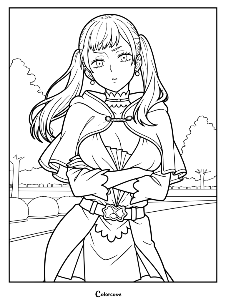 Dibujo para colorear imprimible de Noelle Silva de Black Clover con los brazos cruzados frente a un fondo de parque.