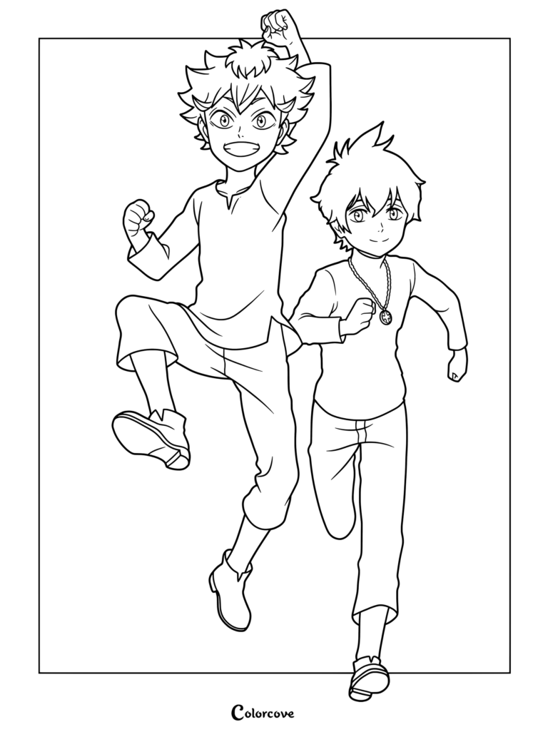 Dibujo para colorear que muestra a Asta y Yuno de niños de Black Clover, saltando y corriendo.