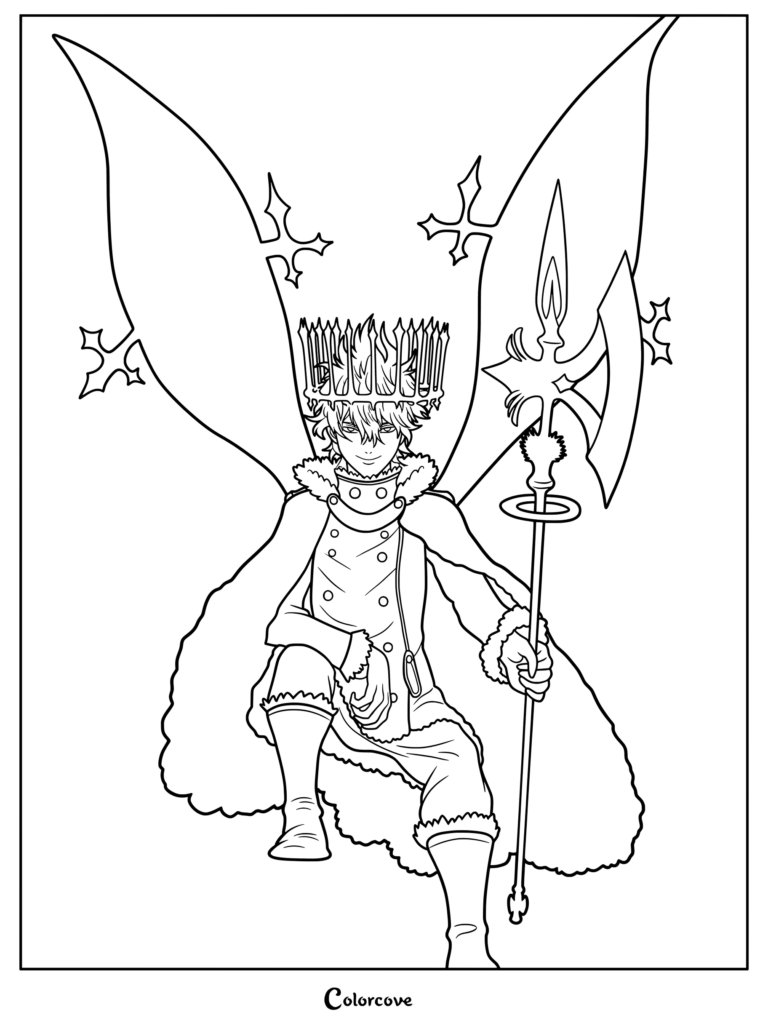Dibujo para colorear de Yuno Grinberryall de Black Clover, representado en su forma Espíritu de Bóreas, con una corona y sosteniendo una alabarda espiritual.