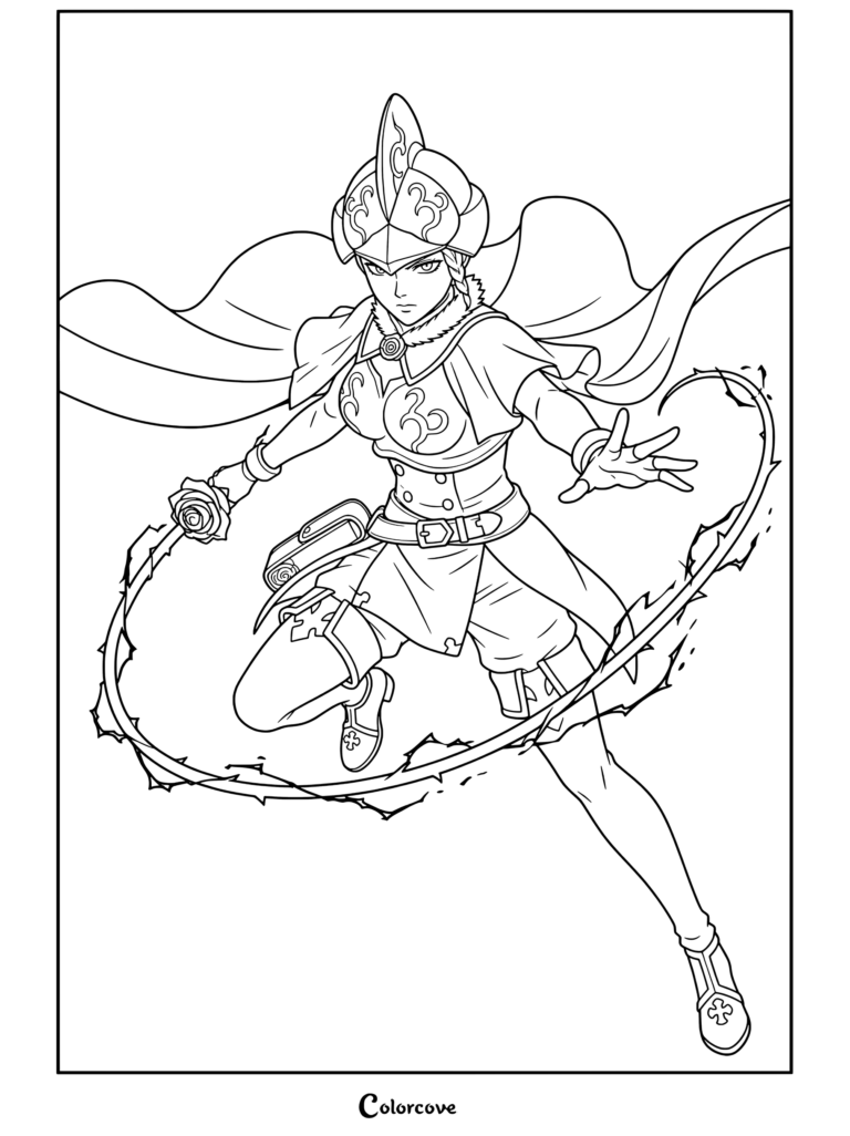 Dibujo para colorear de Charlotte Roselei de Black Clover posando con capa azul y enredaderas de rosas verdes.