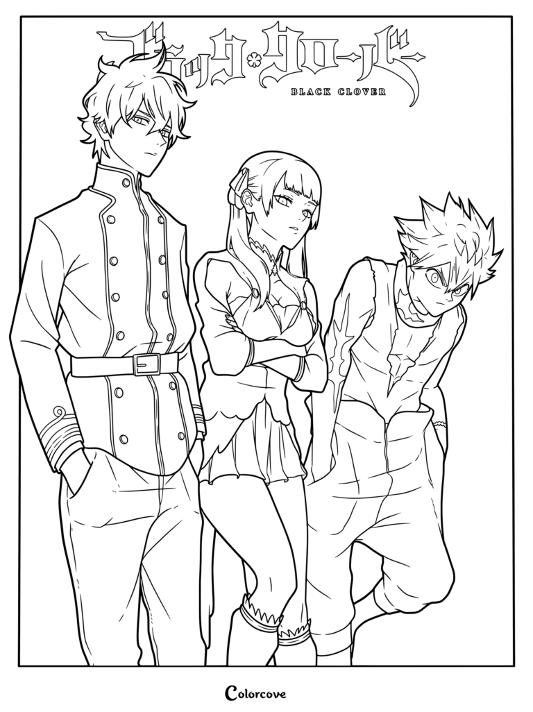 Dibujo para colorear de Black Clover con Yuno Grinberryall, Noelle Silva y Asta juntos luciendo atuendos estilizados y detallados.
