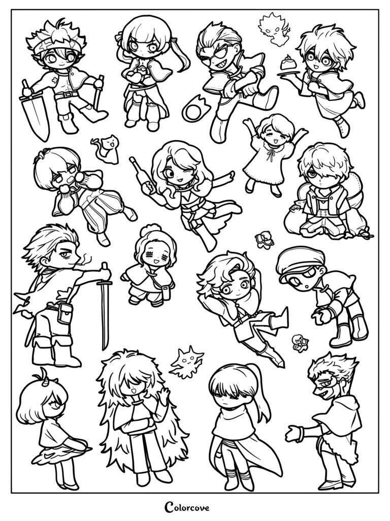 Esta imagen muestra un fan art estilo chibi de personajes de la serie de anime y manga Black Clover, dibujo para colorear.