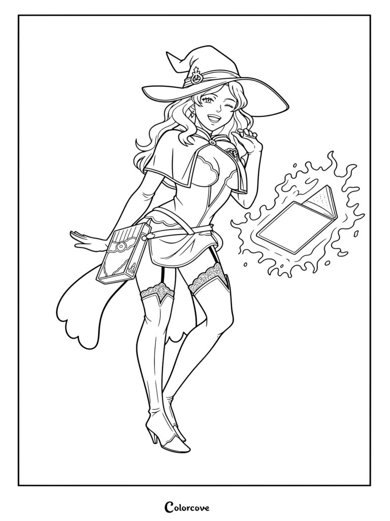 Vanessa Enoteca sonriendo, guiñando un ojo y posando con un libro de magia en un dibujo para colorear de Black Clover.