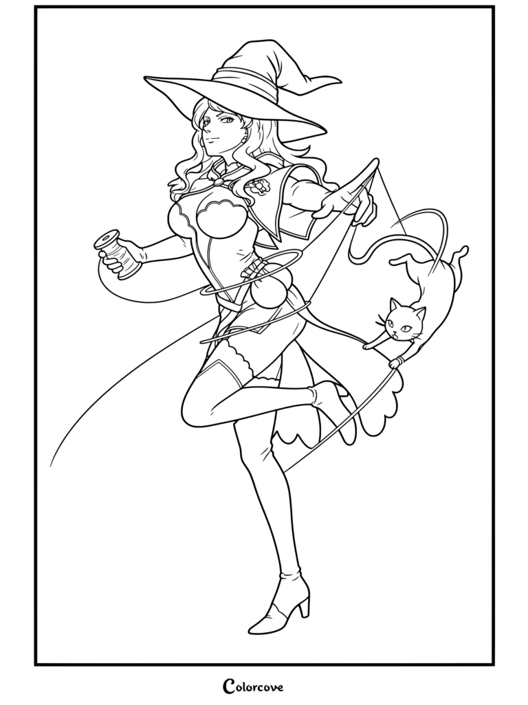 Dibujo para colorear de Vanessa Enoteca usando magia de hilos junto a el gato Rouge de Black Clover.