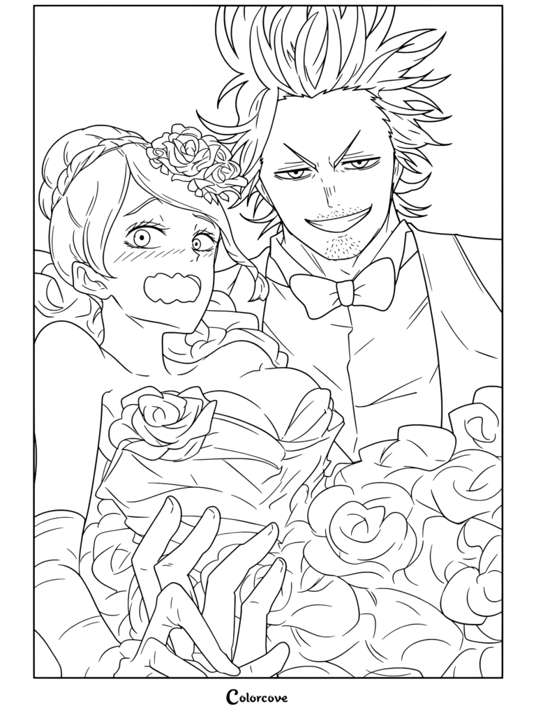 Dibujo para colorear de Black Clover con Yami Sukehiro y Charlotte Roselei vestidos de boda, con Yami sosteniendo a Charlotte.