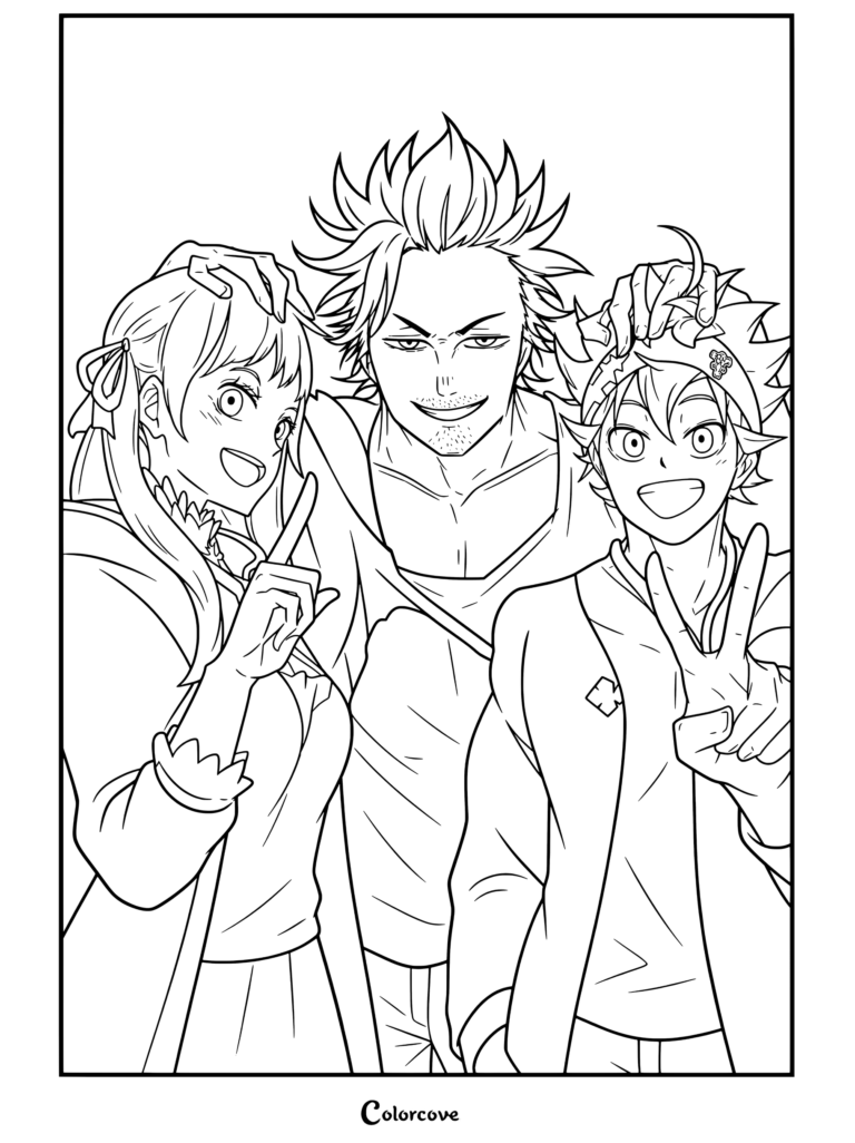 Yami Sukehiro sonriendo mientras toca las cabezas de Noelle Silva y Asta en un dibujo para colorear de Black Clover