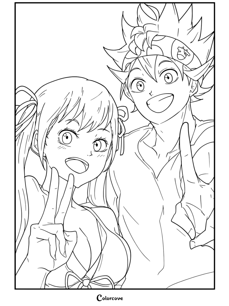 Asta y Noelle Silva sonriendo felices mientras posan con la señal de la paz en ropa de playa en la página para colorear de Black Clover