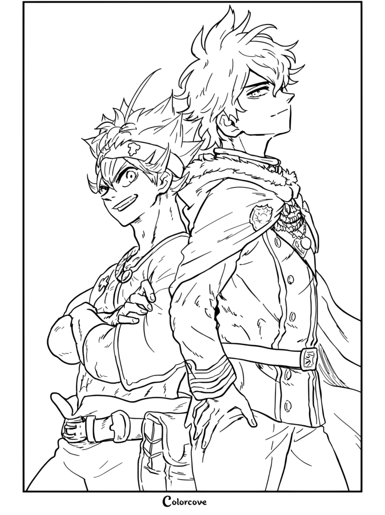 Página para colorear de Black Clover con Asta y Yuno de pie espalda con espalda, sonriendo con confianza.