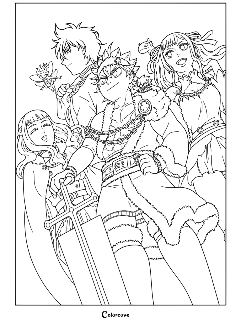 Asta, Yuno, Noelle, Mimosa, Sílfide y Liebe celebrando juntos en una obra de arte de Black Clover adaptada como página para colorear
