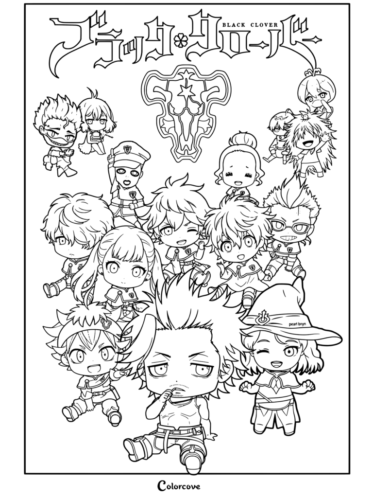 Página para colorear con una ilustración grupal de personajes chibi de Black Clover que incluye a Yami Sukehiro, Asta, Noelle Silva y el emblema de los Toros Negros.