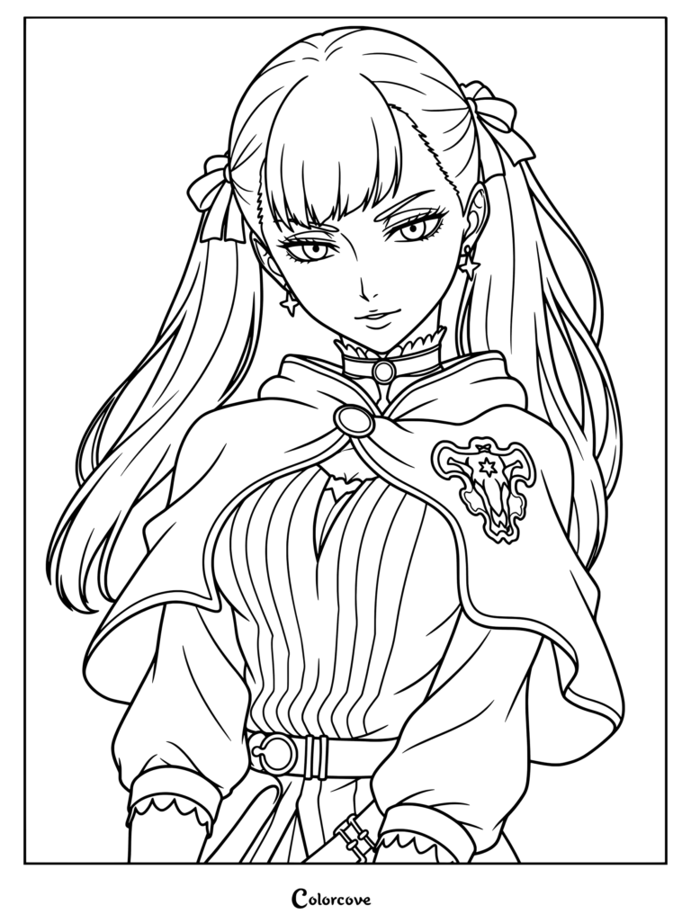 Dibujo para colorear de Noelle Silva de Black Clover, representándola con capa y pendientes de estrella.