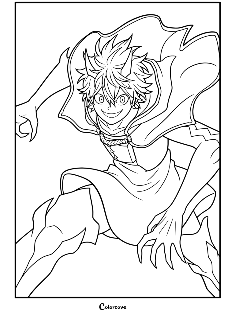 Luck Voltia en su forma de armadura de rayos de verdadera magia con cuernos demoníacos y expresión sonriente rodeado de chispas de rayos en la página para colorear de Black Clover