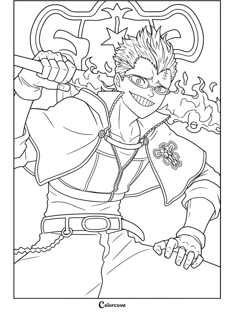 Página para colorear imprimible de Magna Swing sosteniendo un bate llameante mientras viste su túnica de los Toros Negros y sonríe con confianza en Black Clover.