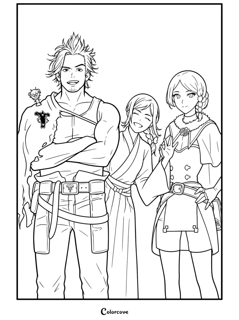 Página para colorear de Black Clover con Yami Sukehiro con el pequeño Belcebú en su hombro, de pie junto a Ryuya y Lolopechka sonriendo alegremente