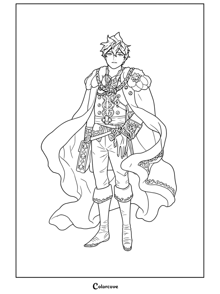 Yuno Grinberryall de pie con orgullo en su gran uniforme ceremonial real blanco y dorado y capa del Reino del Trébol en esta página para colorear de Black Clover