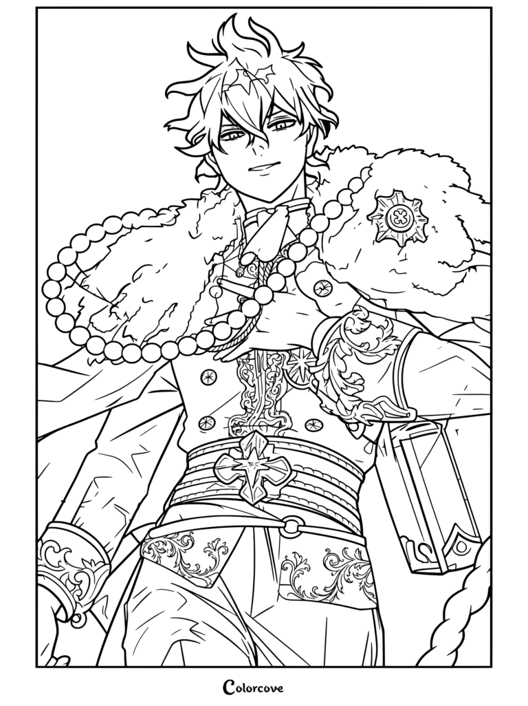 Yuno Grinberryall vistiendo el uniforme blanco y dorado de rey mago con cuello de pelo y grimorio en esta página para colorear de Black Clover.