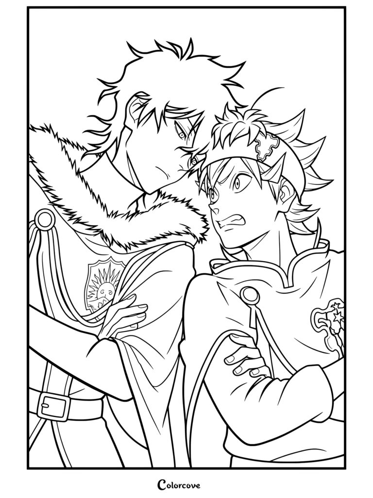 Asta y Yuno lado a lado del dibujo para colorear de Black Clover con los dos rivales en una ilustración de arte lineal en blanco y negro.