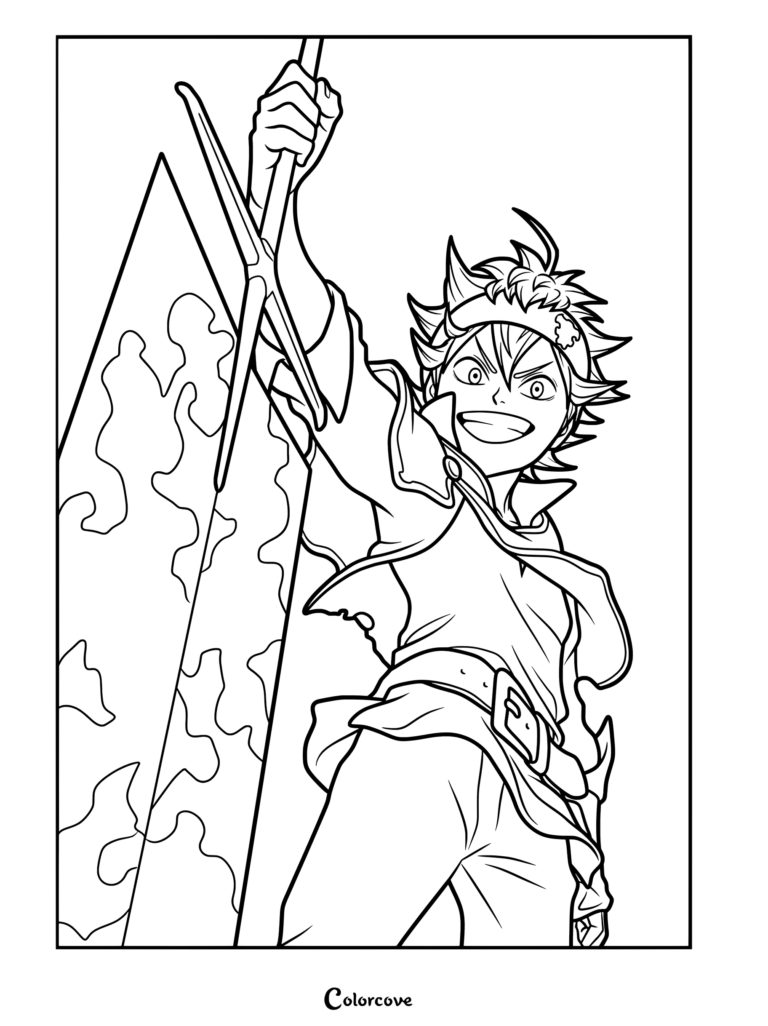 Dibujo para colorear de Asta empuñando su gran espada de antimagia de Black Clover.