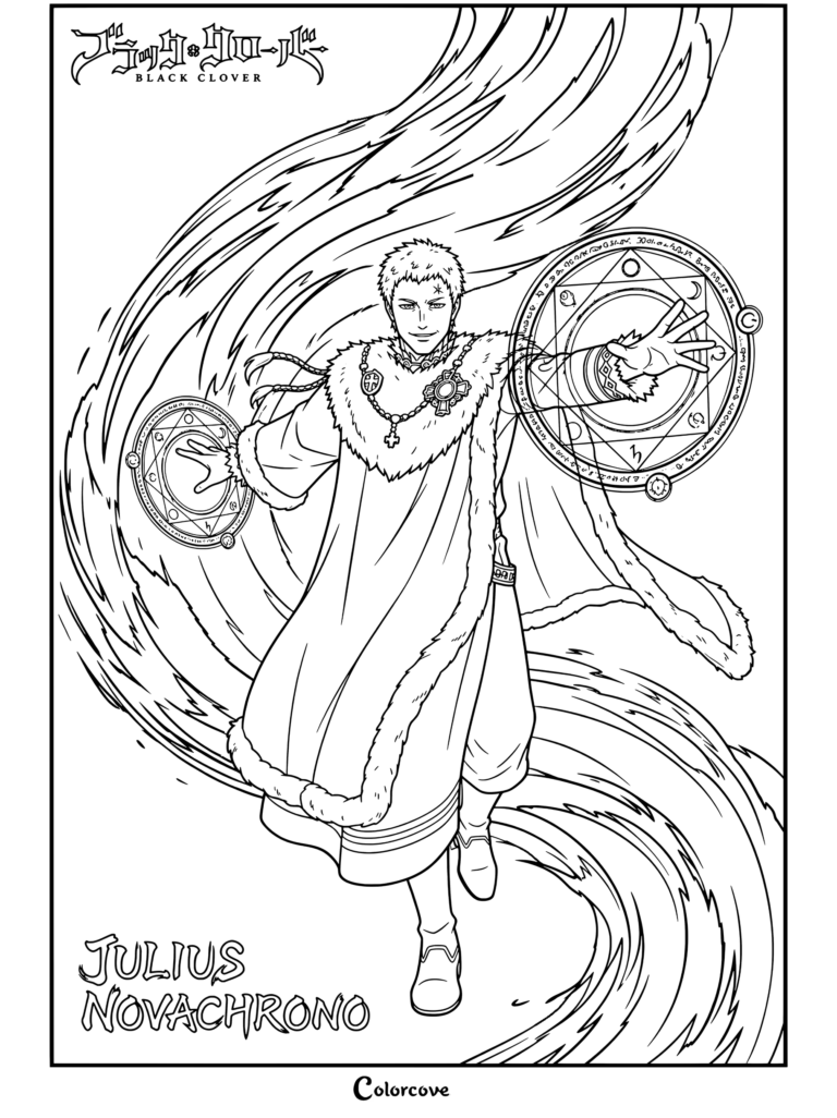 Dibujo para colorear de Julius Novachrono de Black Clover lanzando un hechizo mágico con círculos mágicos y vestimenta real.