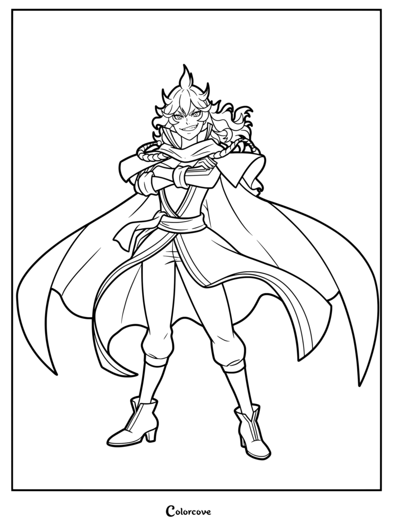 Dibujo para colorear de Mereoleona Vermilion de Black Clover, que muestra al feroz personaje con pelo de punta y una capa ondeante en una postura confiada.