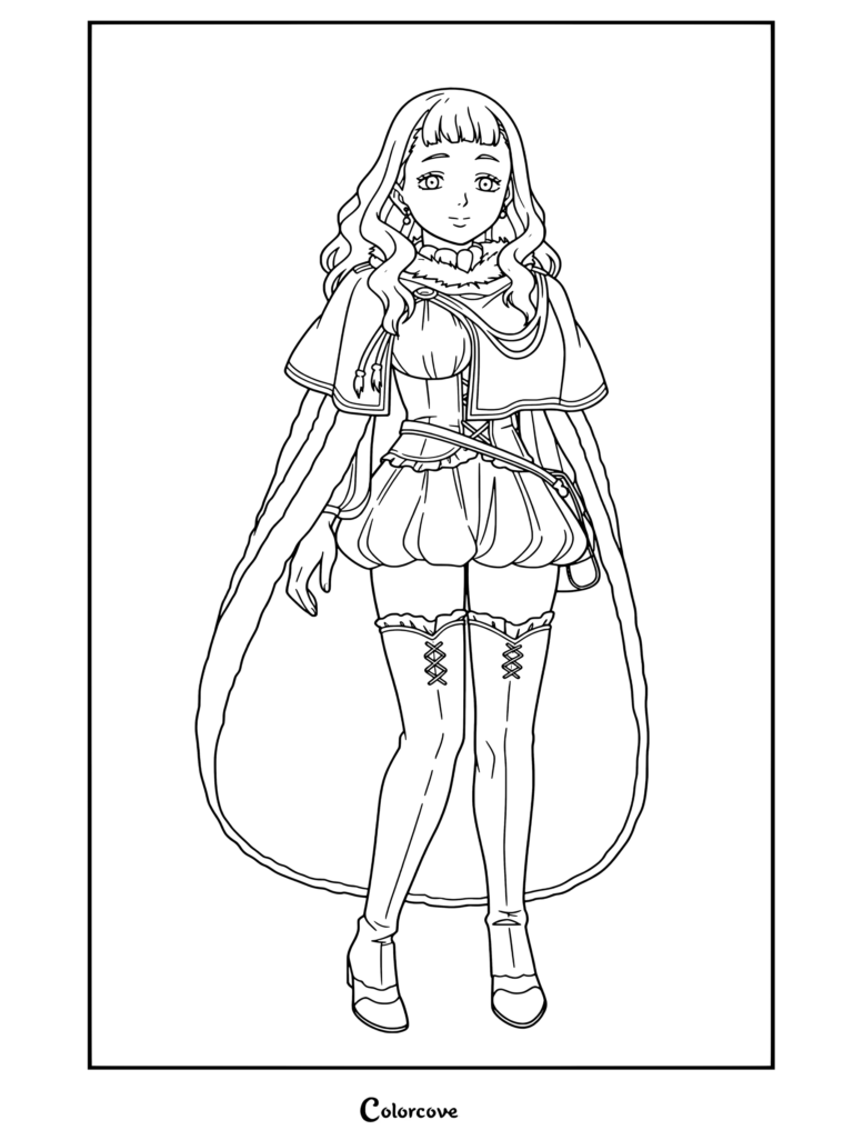 Dibujo para colorear de Black Clover con Mimosa Vermilion de pie vistiendo el atuendo de Ciervo Celeste con esclavina y corsé.
