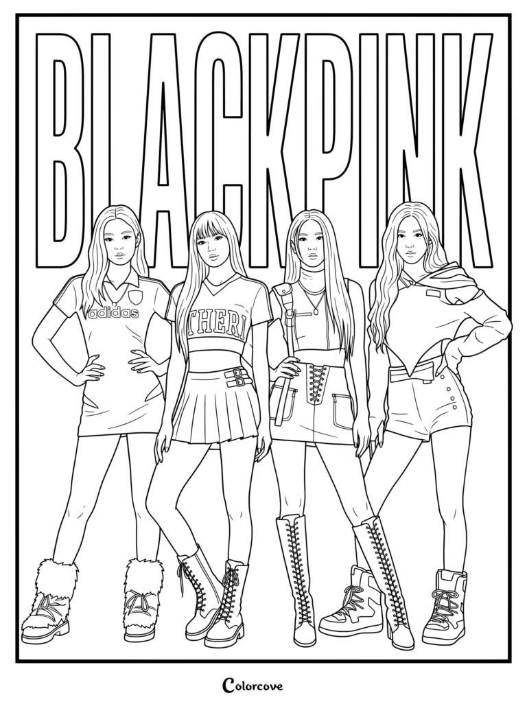 Coloriage des membres de Blackpink montrant Jennie, Lisa, Jisoo et Rosé posant ensemble sous un lettrage en gras