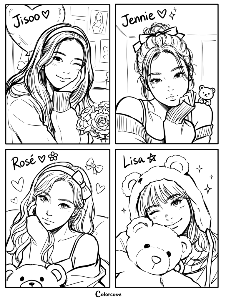 Jisoo, Jennie, Rosé, and Lisa shown in four panels.