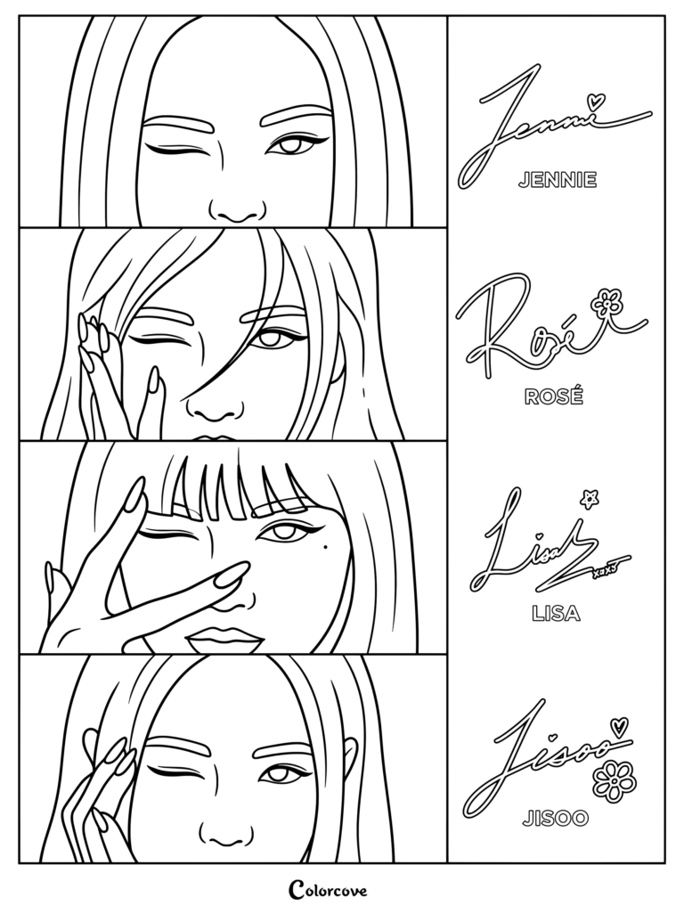 Coloriage avec les portraits en gros plan et les signatures des membres de Blackpink : Jennie, Rosé, Lisa et Jisoo