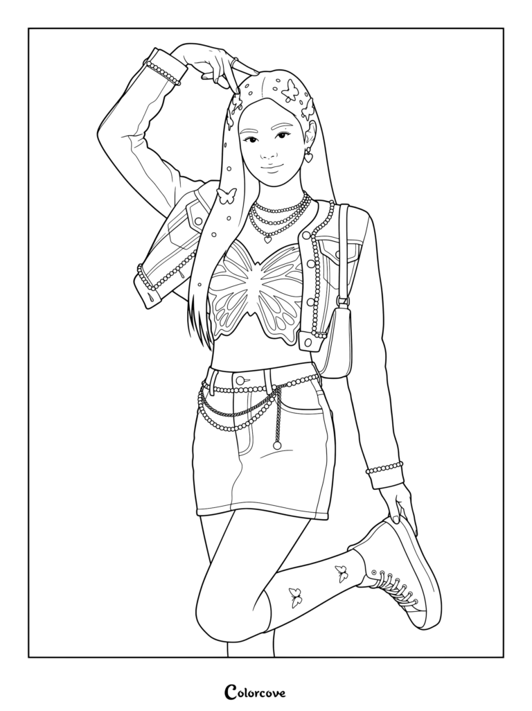 Coloriage de Jennie de Blackpink portant un crop top papillon, une jupe en jean et une veste