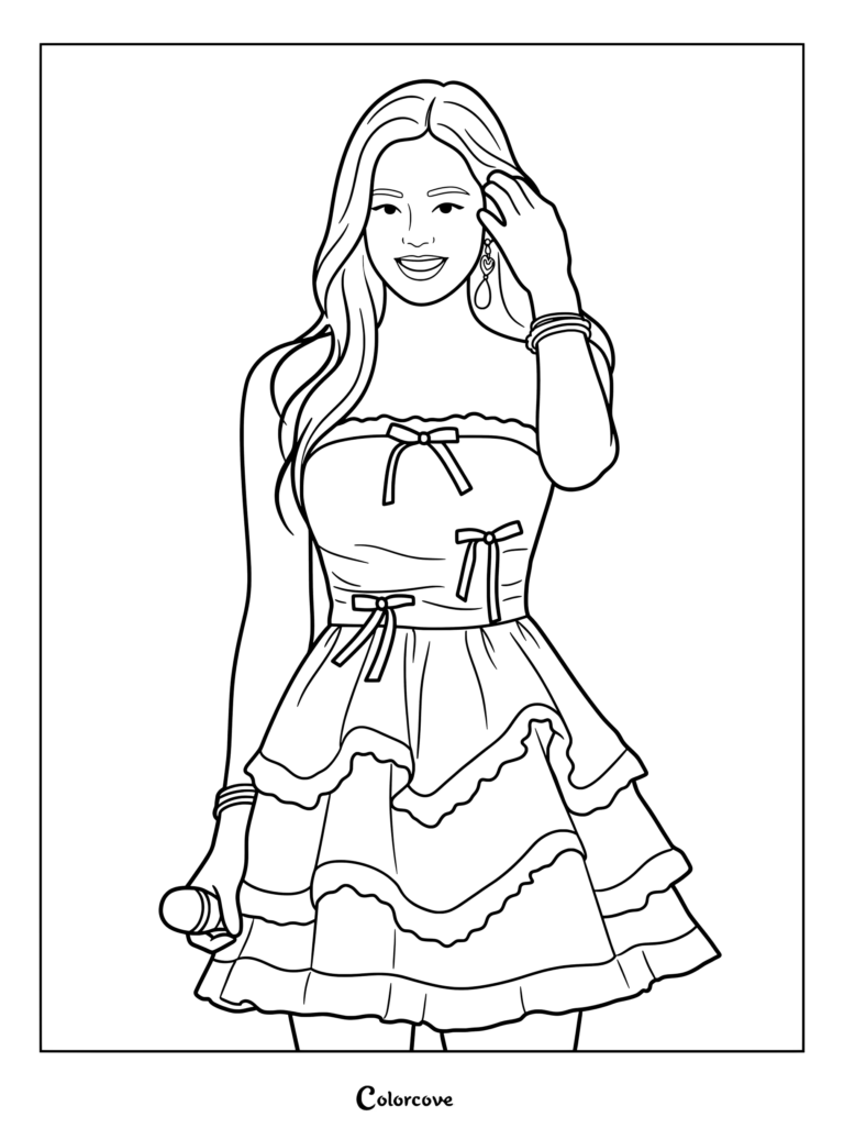 Coloriage à imprimer de Jennie de Blackpink portant une robe à volants avec des nœuds et tenant un micro