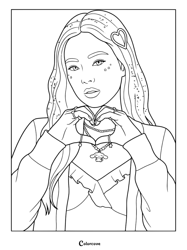 Coloriage de Jennie Kim faisant un cœur avec les doigts, avec des colliers superposés et une barrette cœur