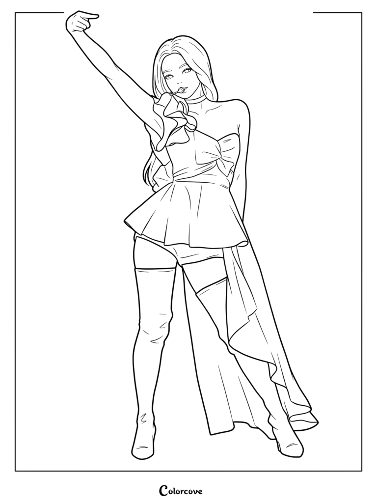 Coloriage de Jennie de Blackpink adoptant une pose dynamique sur scène, un bras levé, dans une tenue stylée