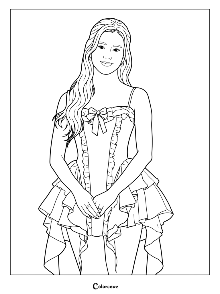 Coloriage de Jisoo de Blackpink avec un portrait détaillé dans une robe à volants