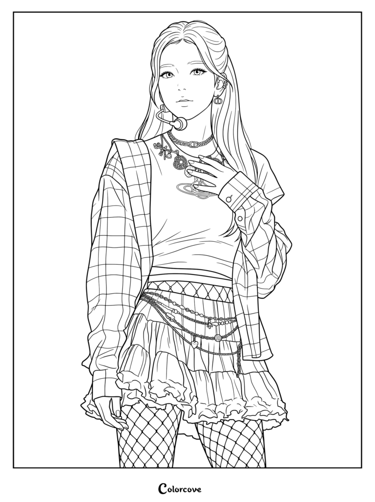 Coloriage line art détaillé de Jisoo de Blackpink portant des colliers superposés et une chemise à carreaux