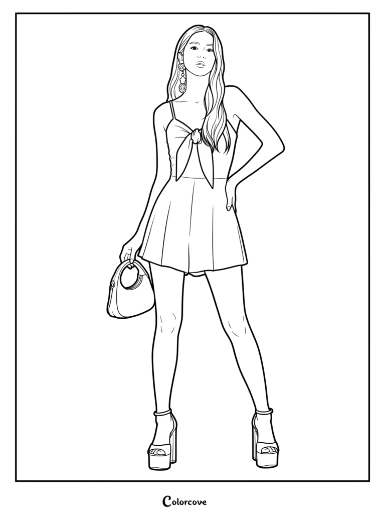 Coloriage de Jisoo de Blackpink posant en combinaison nouée sur le devant, talons à plateau et sac à main